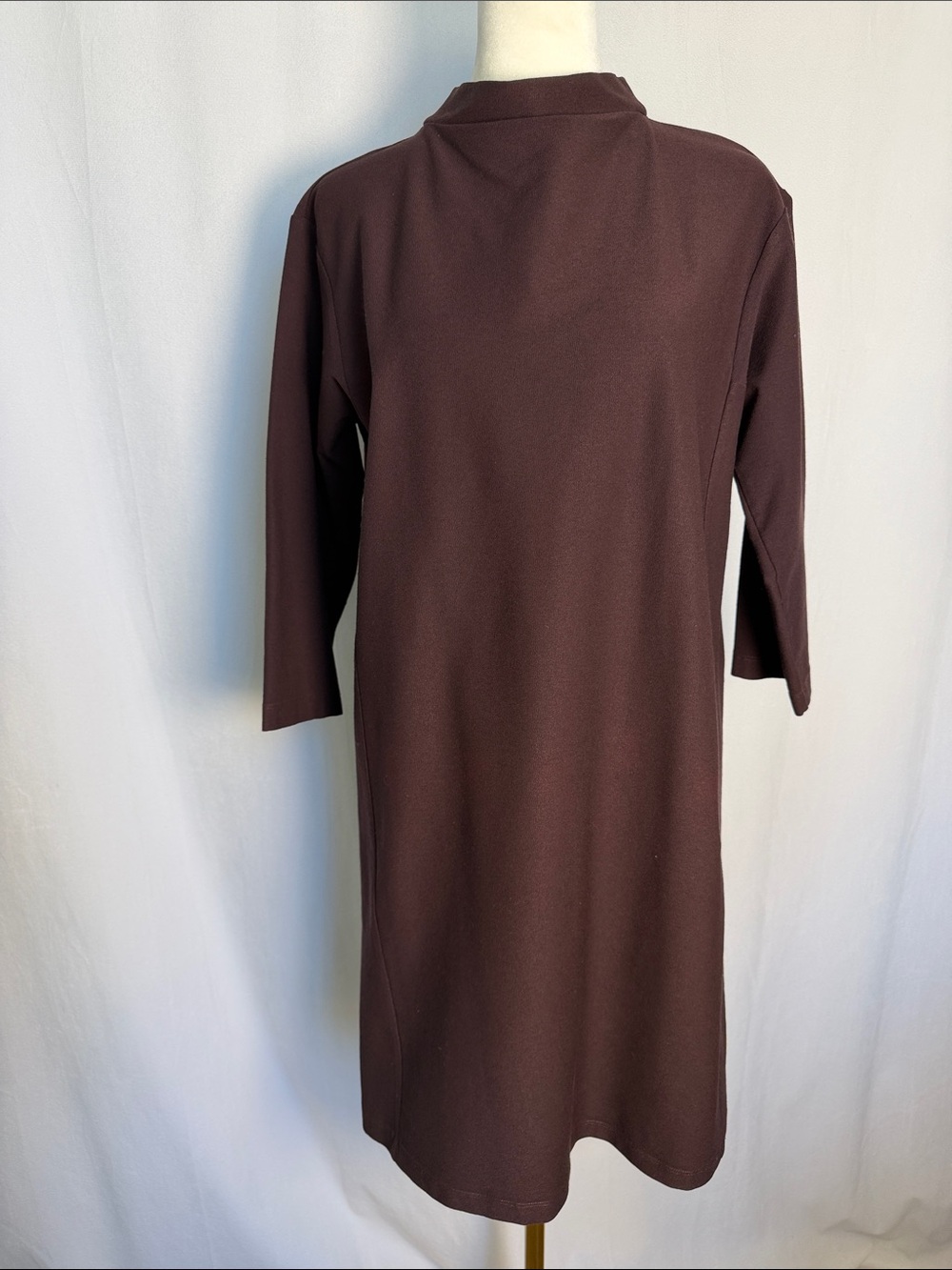 Eileen Fisher Washable Stretch Crepe Mock Neck Shift Dress Sz XS Chocolate Brown